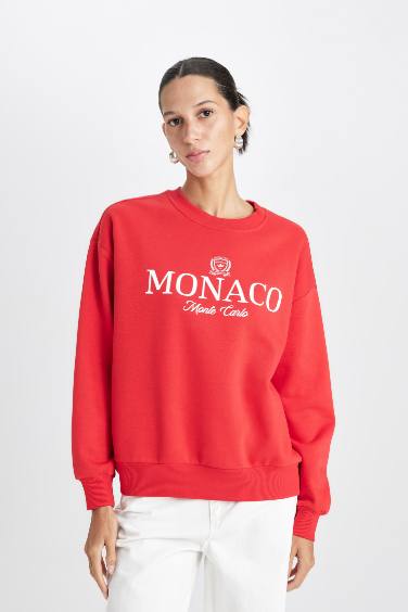 Relax Fit Bisiklet Yaka Baskılı Kalın Kırmızı Sweatshirt