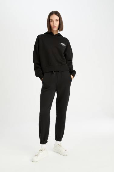 Boxy Fit Kapüşonlu Baskılı Kalın Siyah Sweatshirt