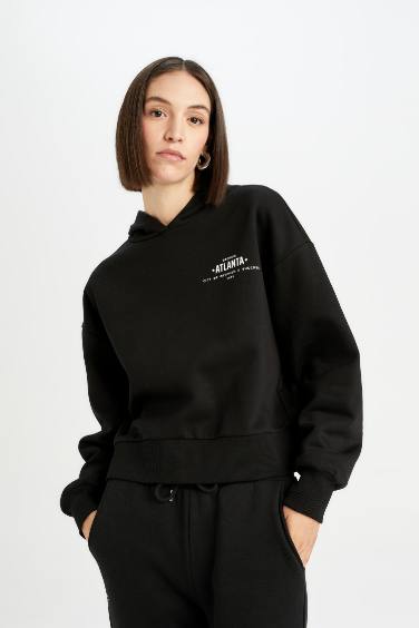 Boxy Fit Kapüşonlu Baskılı Kalın Siyah Sweatshirt