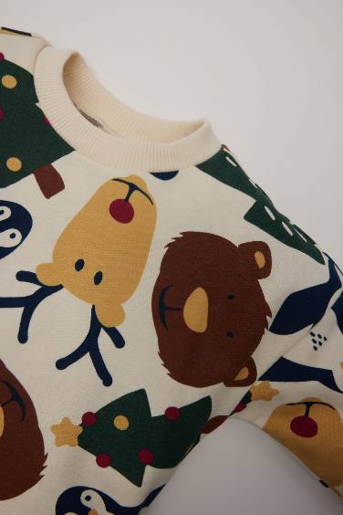 Erkek Bebek Bisiklet Yaka Yılbaşı Temalı Baskılı İçi Yumuşak Tüylü Sweatshirt