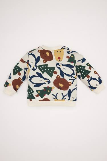 Erkek Bebek Bisiklet Yaka Yılbaşı Temalı Baskılı İçi Yumuşak Tüylü Sweatshirt