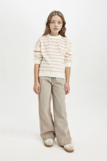 Bisiklet Yaka Çizgili Triko Kazak Kız Çocuk