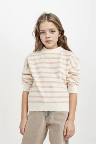Bisiklet Yaka Çizgili Triko Kazak Kız Çocuk