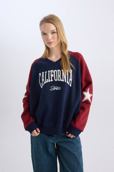 Coool Oversize Fit Geniş Kalıp V Yaka Renk Bloklu Baskılı Kalın Sweatshirt