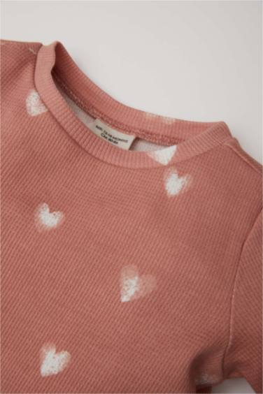 Kız Bebek Pijama Takımı Kalp Desenli Uzun Kollu Waffle Üst Beli Lastikli Uzun Alt