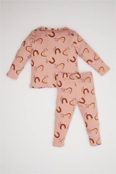 Pijama Takımı Gökkuşağı Baskılı Uzun Kollu Fitilli Kaşkorse Üst Beli Lastikli Uzun Alt Kız Bebek