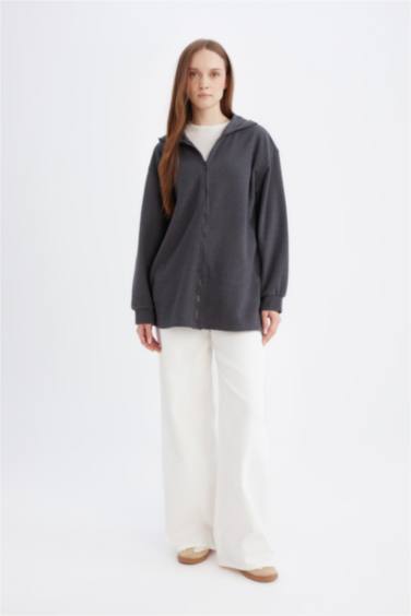 Kapüşonlu Basic Düz Fermuarlı Cepli Selanik Kumaş Uzun Triko Hırka