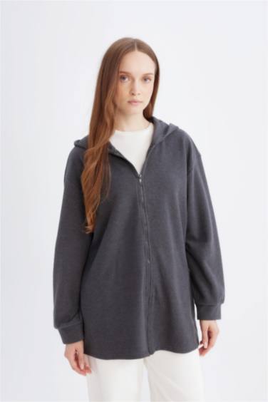 Kapüşonlu Basic Düz Fermuarlı Cepli Selanik Kumaş Uzun Triko Hırka