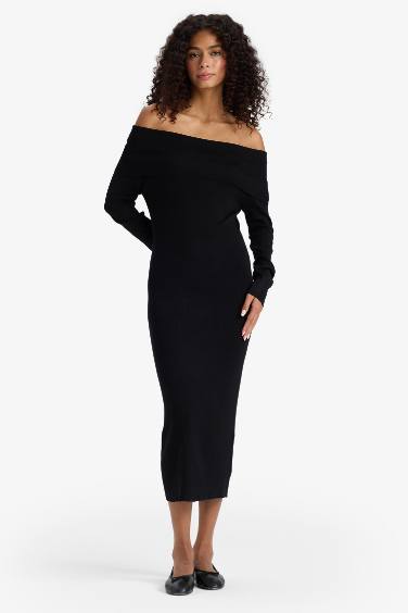 Fitted Açık Omuz Ribana Uzun Kollu Midi Elbise