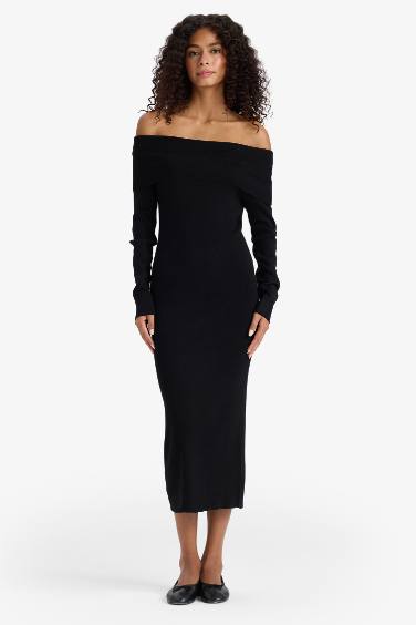Fitted Açık Omuz Ribana Uzun Kollu Midi Elbise