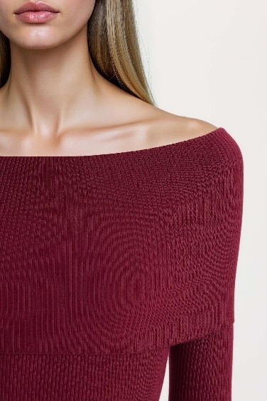 Fitted Açık Omuz Basic Düz Uzun Kollu Vücuda Oturan Midi Triko Elbise