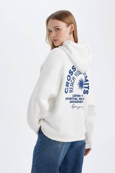 Beyaz Oversize Fit Geniş Kalıp Kapüşonlu Sırt Baskılı Kalın Sweatshirt