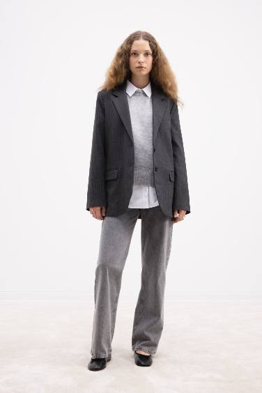 Oversize Geniş Kalıp Ceket Yaka Düğmeli Çizgili Blazer Ceket