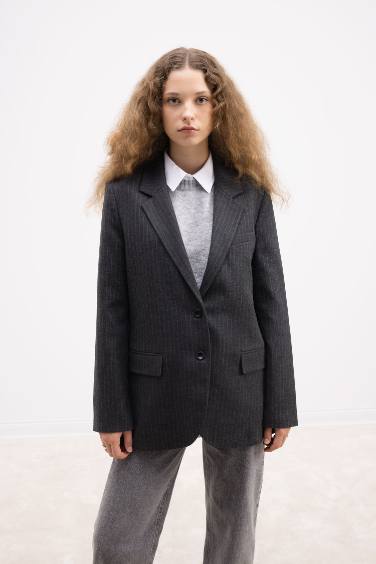 Oversize Geniş Kalıp Ceket Yaka Düğmeli Çizgili Blazer Ceket