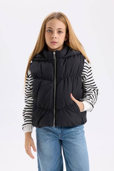 Kız Çocuk Su Geçirmez Kapüşonlu Fermuarlı Şişme Yelek