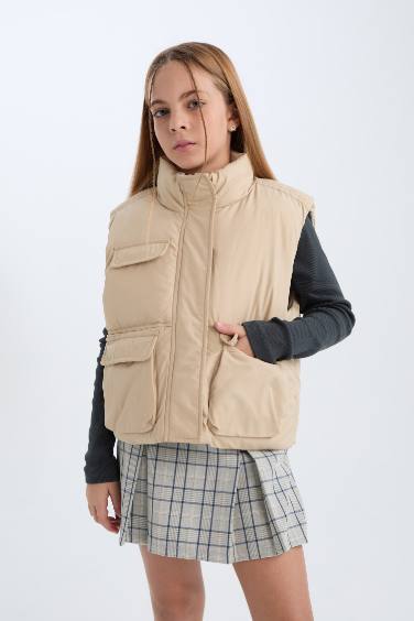 Kız Çocuk Su Geçirmez Dik Yaka Fermuarlı Cepli Şişme Yelek