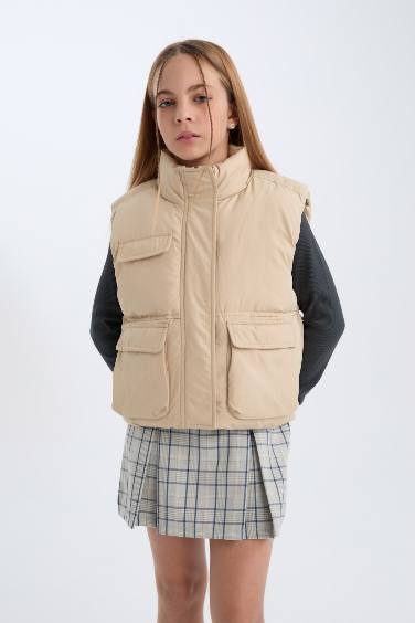 Kız Çocuk Su Geçirmez Dik Yaka Fermuarlı Cepli Şişme Yelek