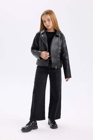 Girl Zippered Faux Leather Waterproof Jacket