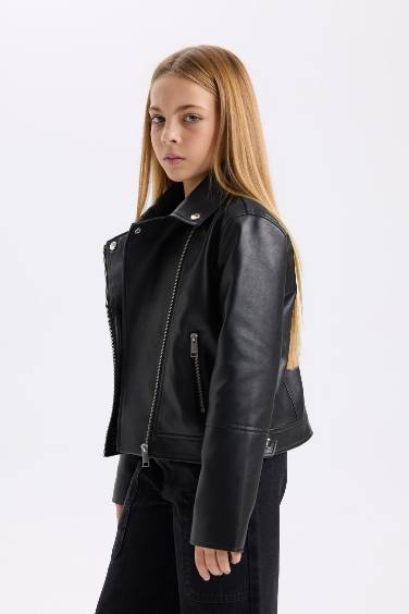 Girl Zippered Faux Leather Waterproof Jacket