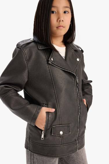 Girl Zippered Double Pocket Faux Leather Waterproof Jacket