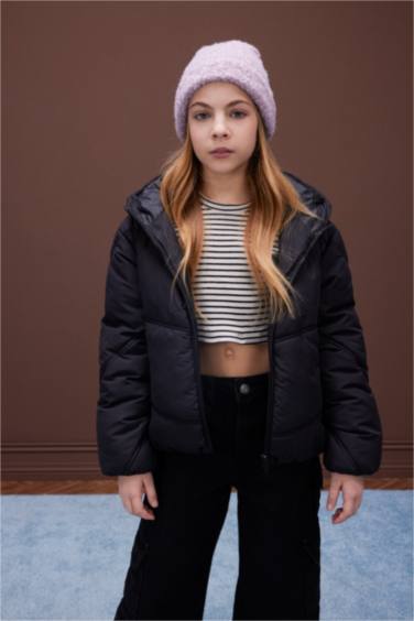 Su Geçirmez Kapüşonlu Fermuarlı Cepli Şişme Mont Kız Çocuk