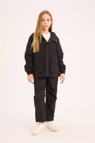 Kız Çocuk Su Geçirmez Kapüşonlu Fermuarlı Çıtçıtlı Cepli Yağmurluk