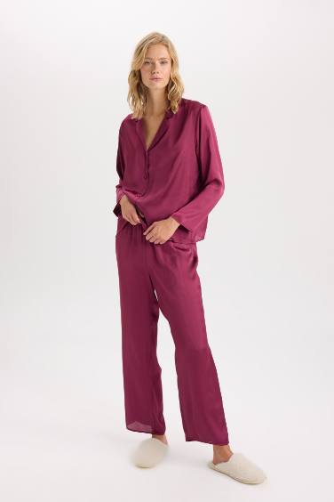 Pijama Takım Basic Düz Saten Uzun Kollu Üst Beli Lastikli Alt-Fall in Love