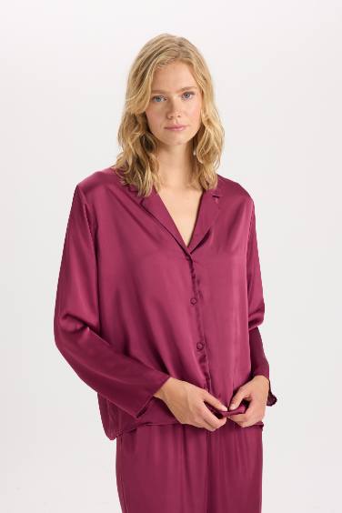 Pijama Takım Basic Düz Saten Uzun Kollu Üst Beli Lastikli Alt-Fall in Love