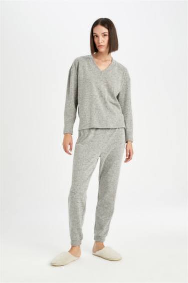 Pijama Takım V Yaka Uzun Kollu Üst Beli Lastikli Alt