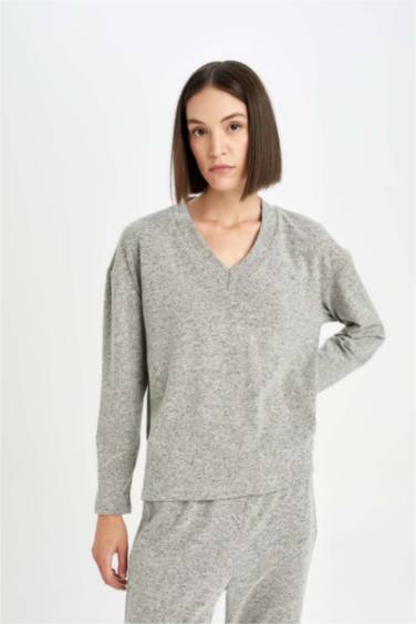 Pijama Takım V Yaka Uzun Kollu Üst Beli Lastikli Alt