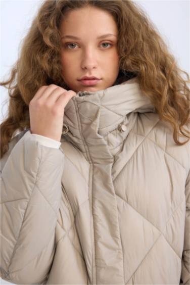 Regular Fit Kapüşonlu Uzun Parka Kapitoneli Fermuar Çıtçıtlı Cepli