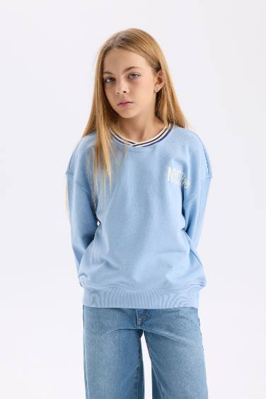 Kız Çocuk Relax Fit V Yaka Baskılı Sweatshirt