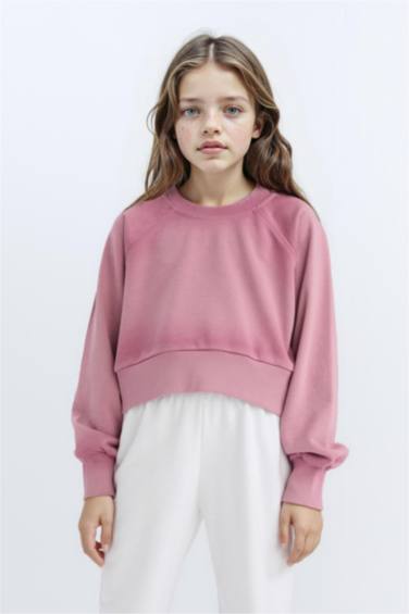 Girl Relax Fit Crew Neck Crop Basic Sweatshirt
