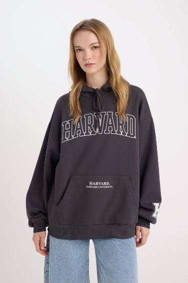 Harvard University Oversize Geniş Kalıp Kapüşonlu Cepli Kalın Sweatshirt