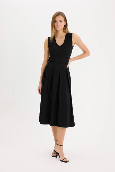 Piliseli Esnel Belli Basic Düz Siyah Midi Etek