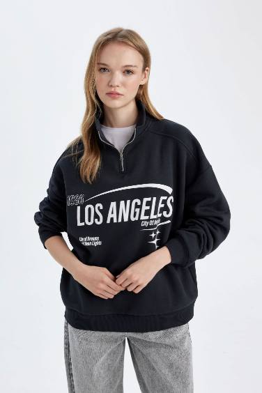 Antrasit Loose Fit Yarım Fermuarlı Dik Yaka Baskılı Kalın Kumaş Sweatshirt