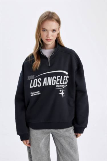 Loose Fit Yarım Fermuarlı Dik Yaka Baskılı Kalın Sweatshirt
