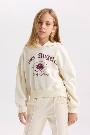 Girl Ecru Oversized Fit Hooded Printed Sweatshirt