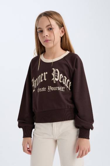 Kız Çocuk Relax Fit Bisiklet Yaka Baskılı İçi Yumuşak Tüylü Sweatshirt