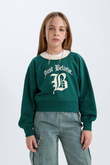 Sweatshirt à col rond avec imprimé et intérieur doux Coupe Relax pour fille