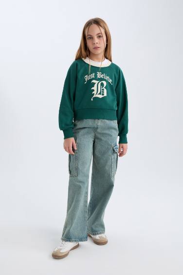 Sweatshirt à col rond avec imprimé et intérieur doux Coupe Relax pour fille