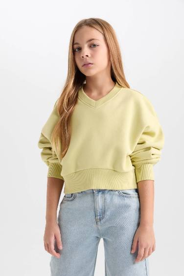 Girl V Neck Basic Crop Sweatshirt