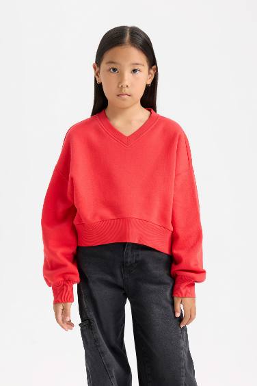 Sweatshirt court basique à col en V pour fille Coupe boxy