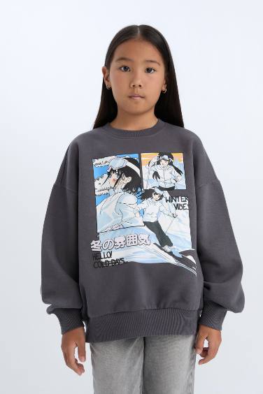 Kız Çocuk Oversize Geniş Kalıp Bisiklet Yaka Baskılı Sweatshirt