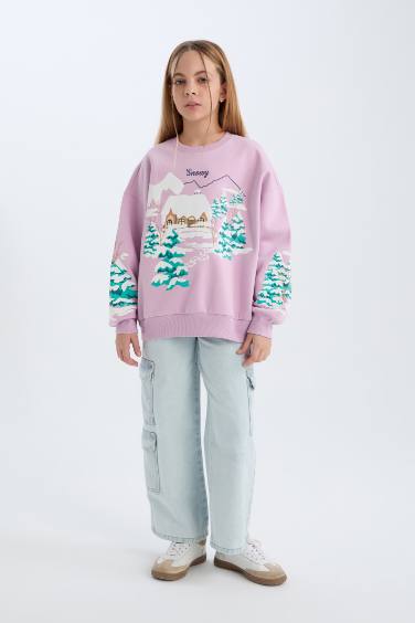 سويت شيرت بنات اوفر سايز مطبوع برقبة مستديرة