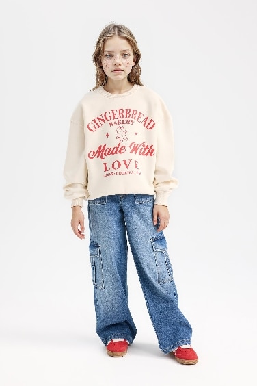 Kız Çocuk Relax Fit Bisiklet Yaka Baskılı Sweatshirt