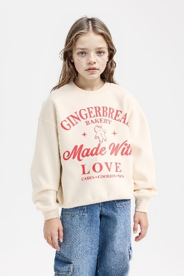 Kız Çocuk Relax Fit Bisiklet Yaka Baskılı Sweatshirt