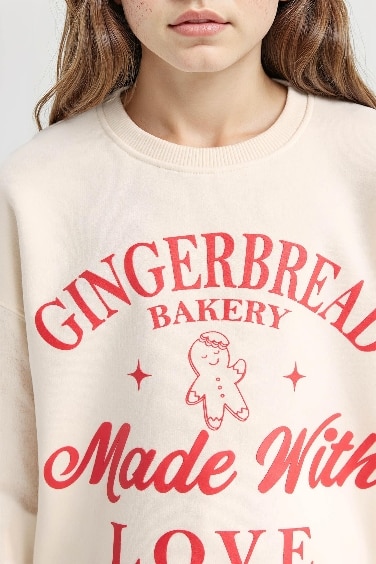 Kız Çocuk Relax Fit Bisiklet Yaka Baskılı Sweatshirt