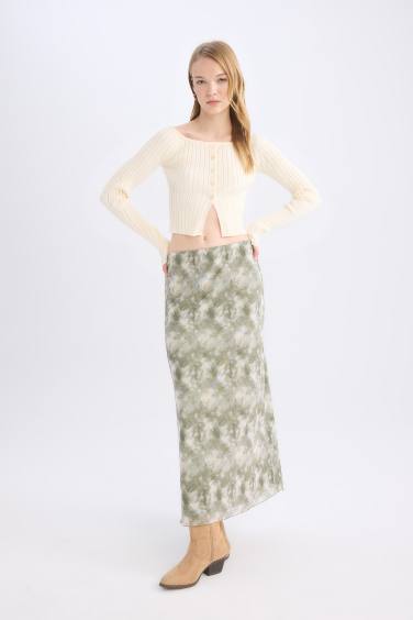 A Cut Patterned High Waist Cotton Lining Tulle Maxi Skirt