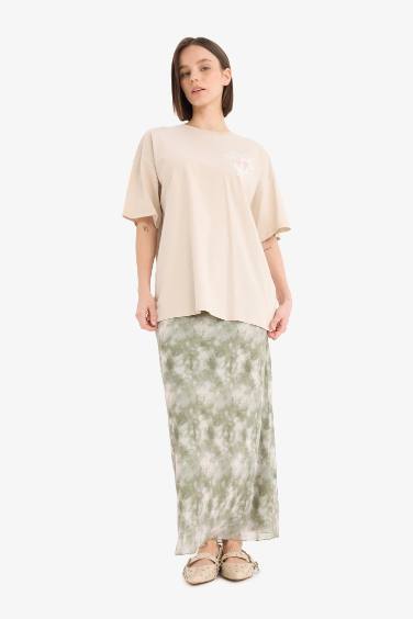 Coool A Kesim Desenli Yüksek Bel Penye Astar Tül Maxi Etek